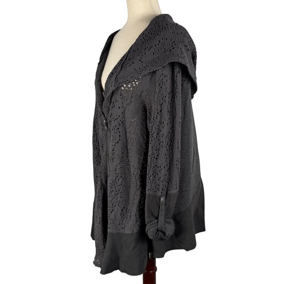 Free People Dark Gray Doiley-Knit Lace Oversized Hood Sweater Jacket Sz Small - Picture 3 of 13